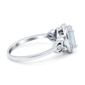 Oval Engagement Ring Halo Lab Created White Opal 925 Sterling Silver